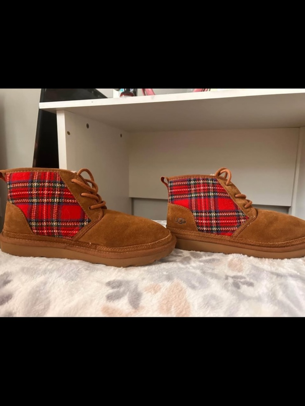 UGG women’s Chestnut Suede Chukka Boots with Red Plaid Panels